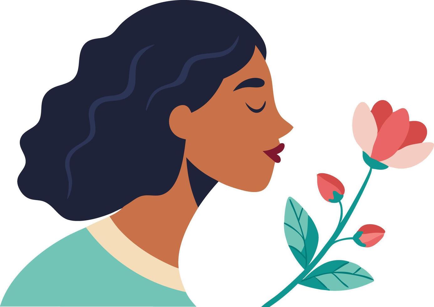 Girl smelling a rose, symbolizing beauty, nature, and appreciation for flowers vector