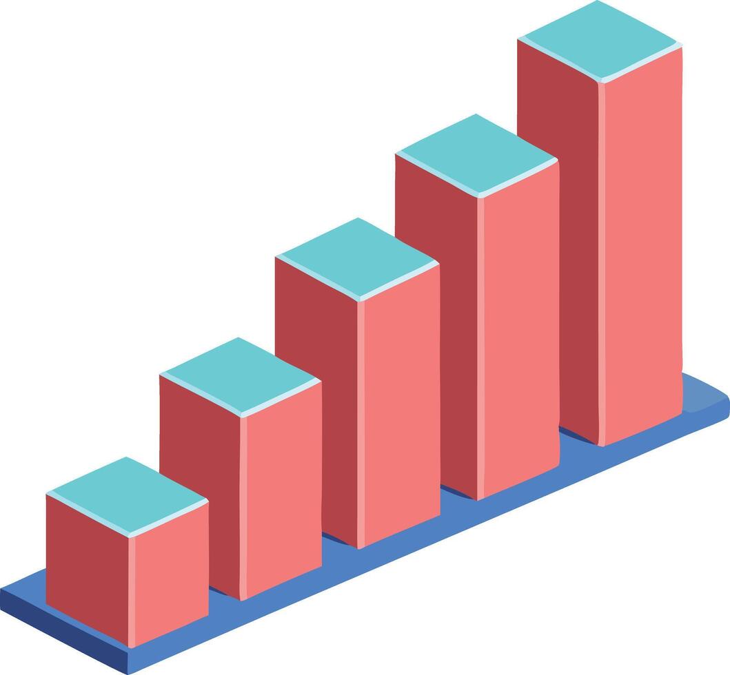 Isometric bar chart illustration in pink and teal showing growth and progress vector