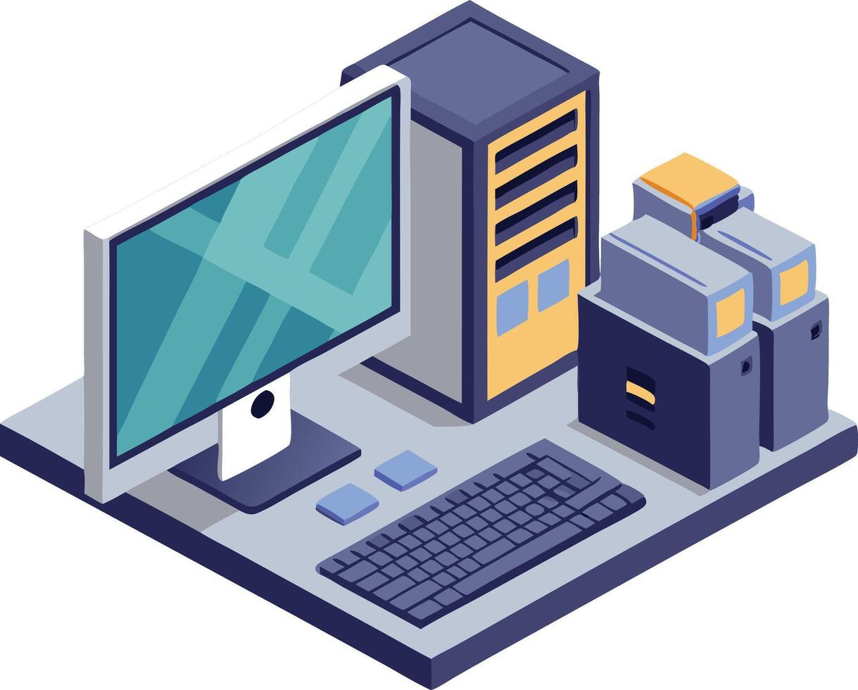 Isometric computer with server and cloud storage equipment for data management vector