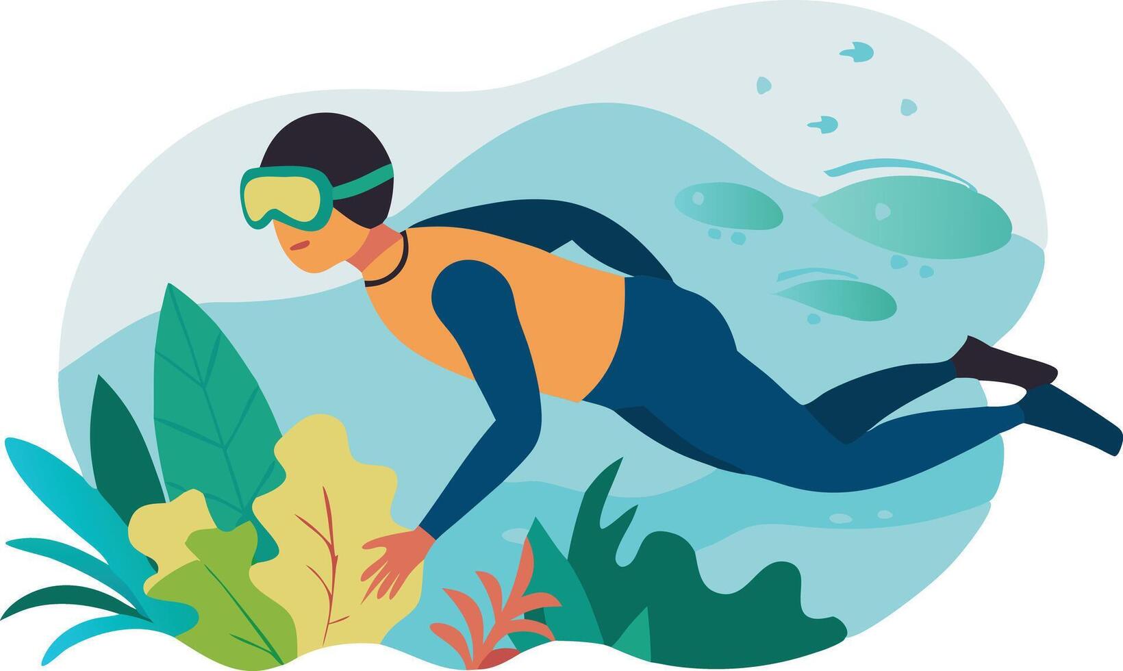 Diver swimming through underwater plants, symbolizing exploration, marine life, and adventure vector