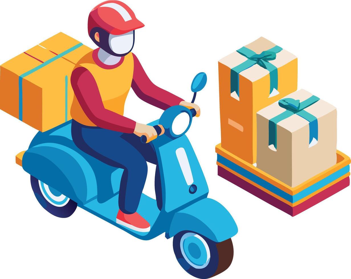 Delivery person on a scooter carrying packages, isometric logistics illustration vector