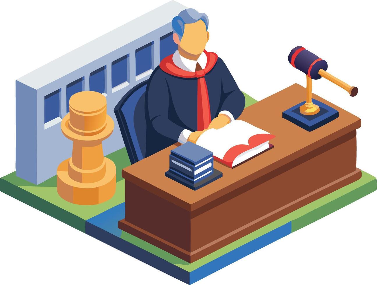 Isometric judge sitting in a courtroom, legal system and justice concept illustration vector