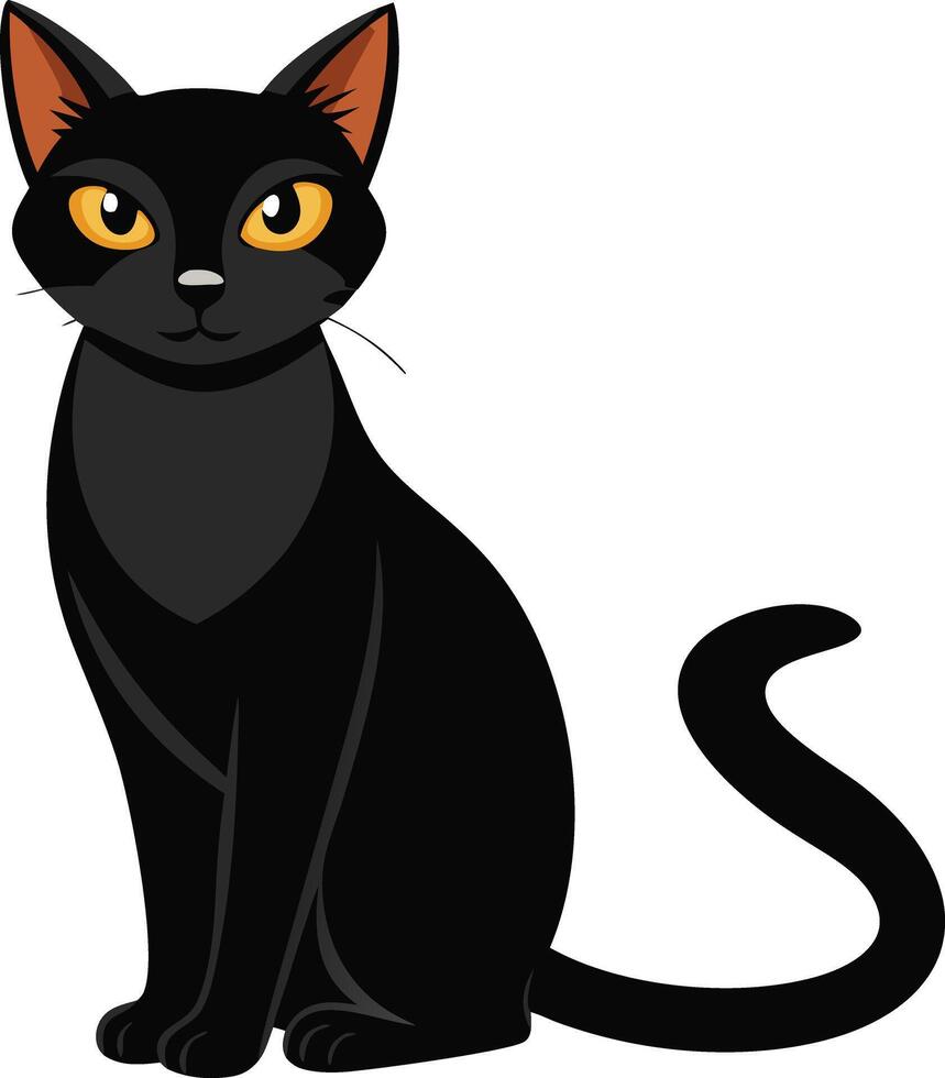 Black cat sitting calmly with orange eyes looking forward in cartoon style vector