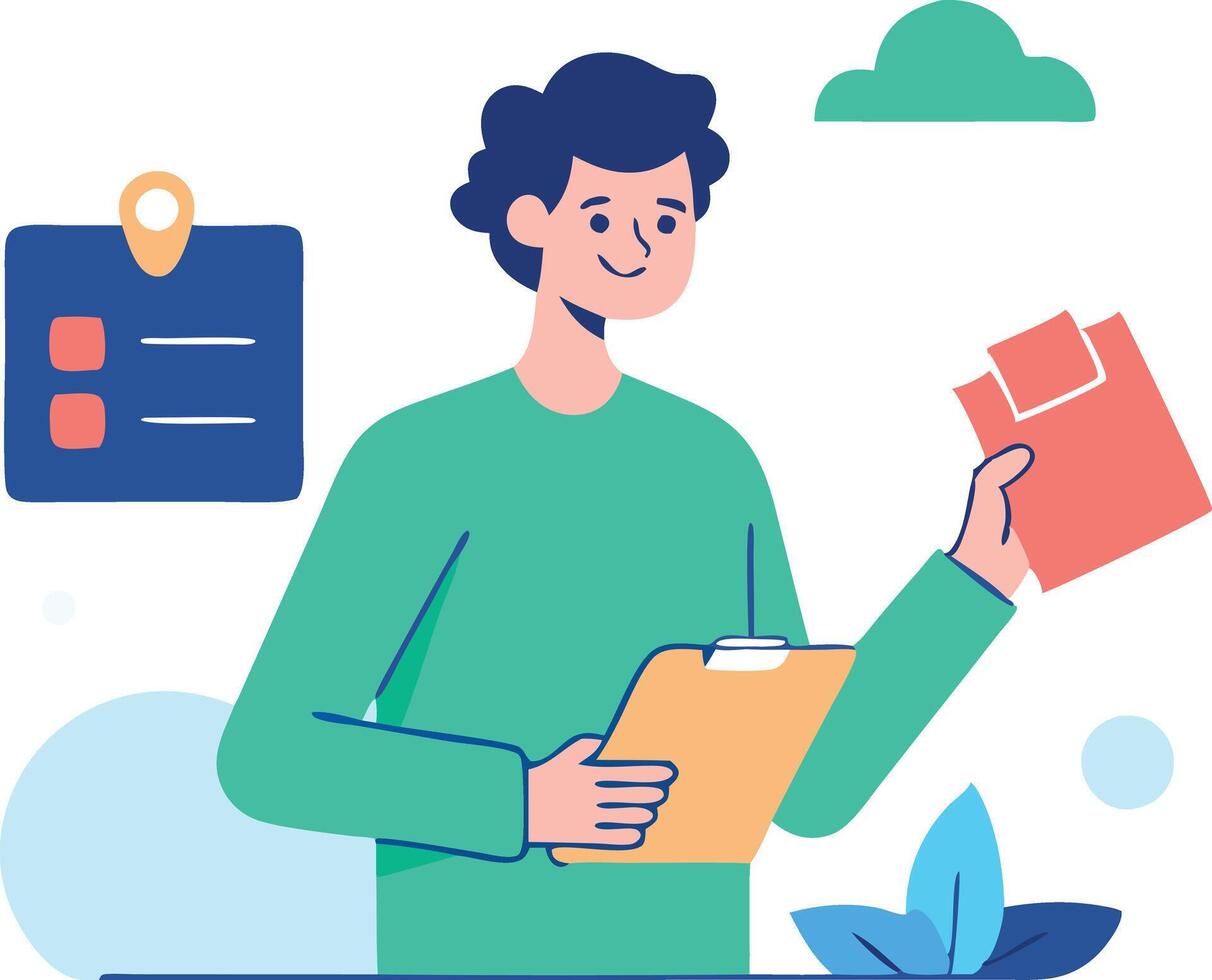 Young man holding a letter and checklist, symbolizing organization, tasks, and productivity vector
