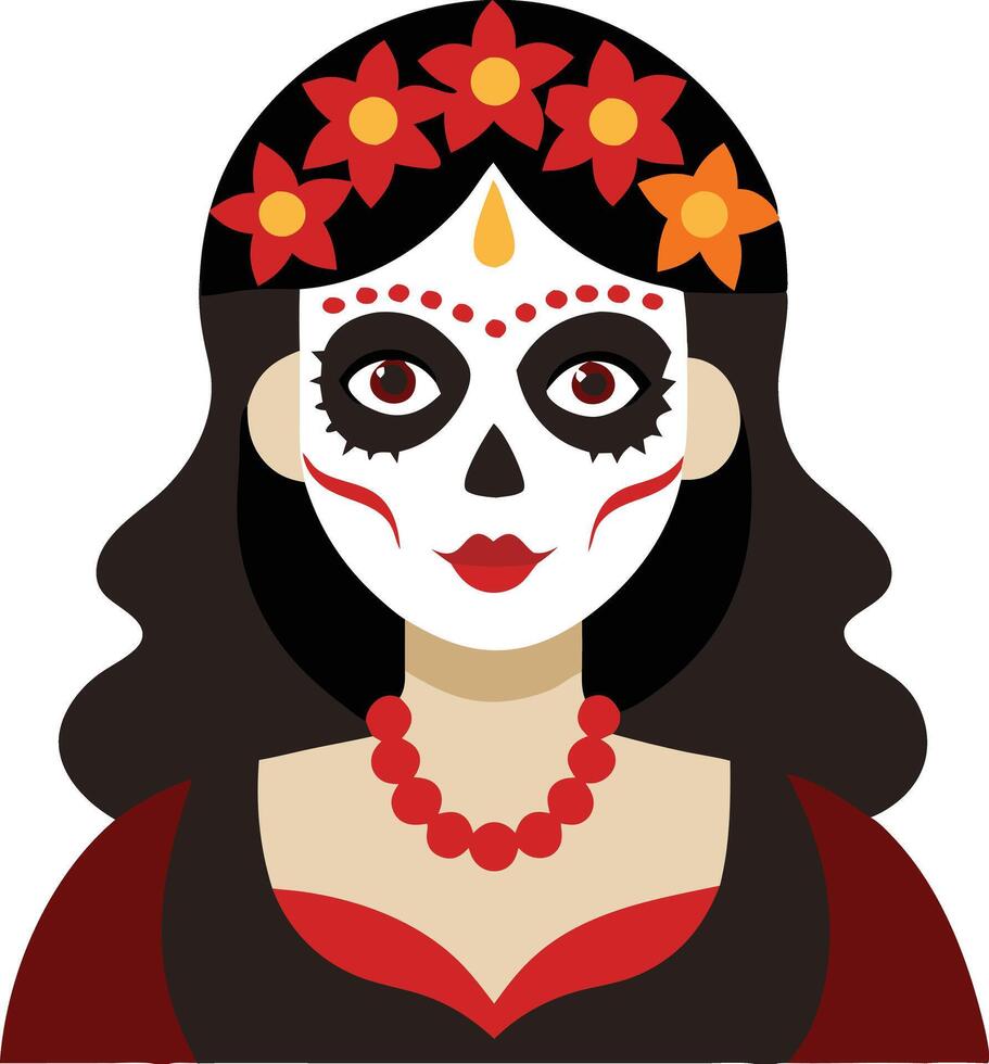 Catrina woman with red dress and marigold flowers in Day of the Dead face makeup vector