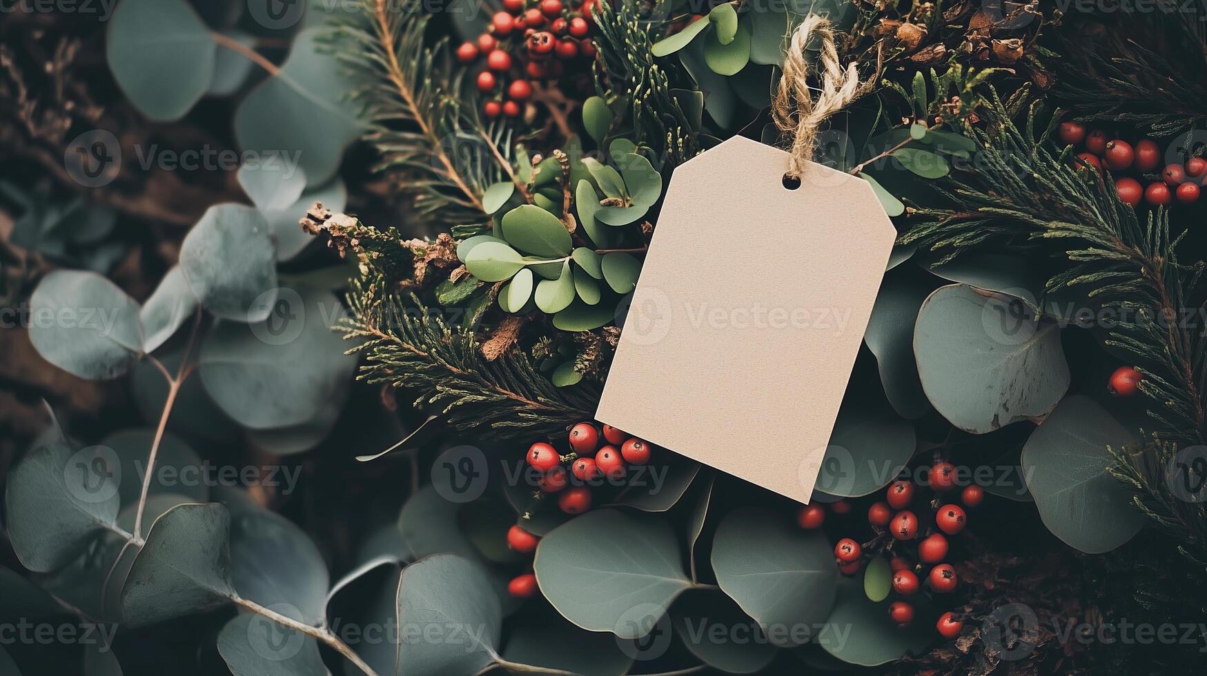 A blank tag is attached to a vibrant Christmas wreath photo