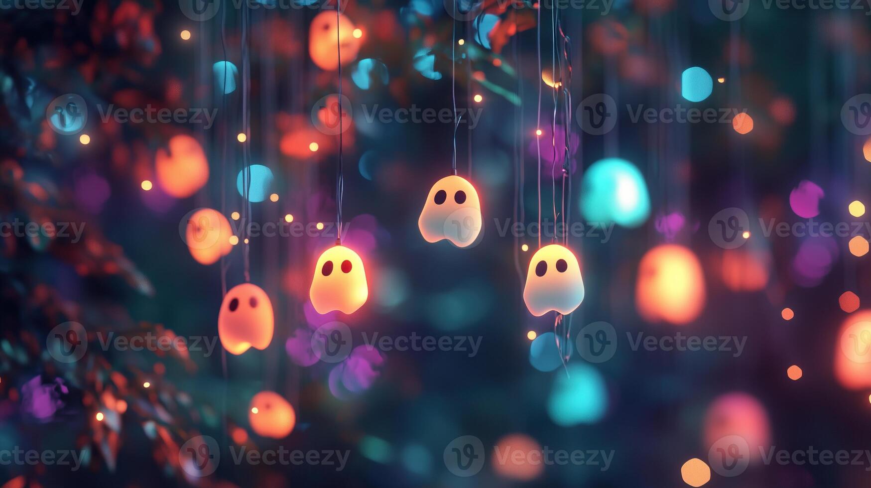 Hanging ghost-shaped lights in a vibrant bokeh background photo
