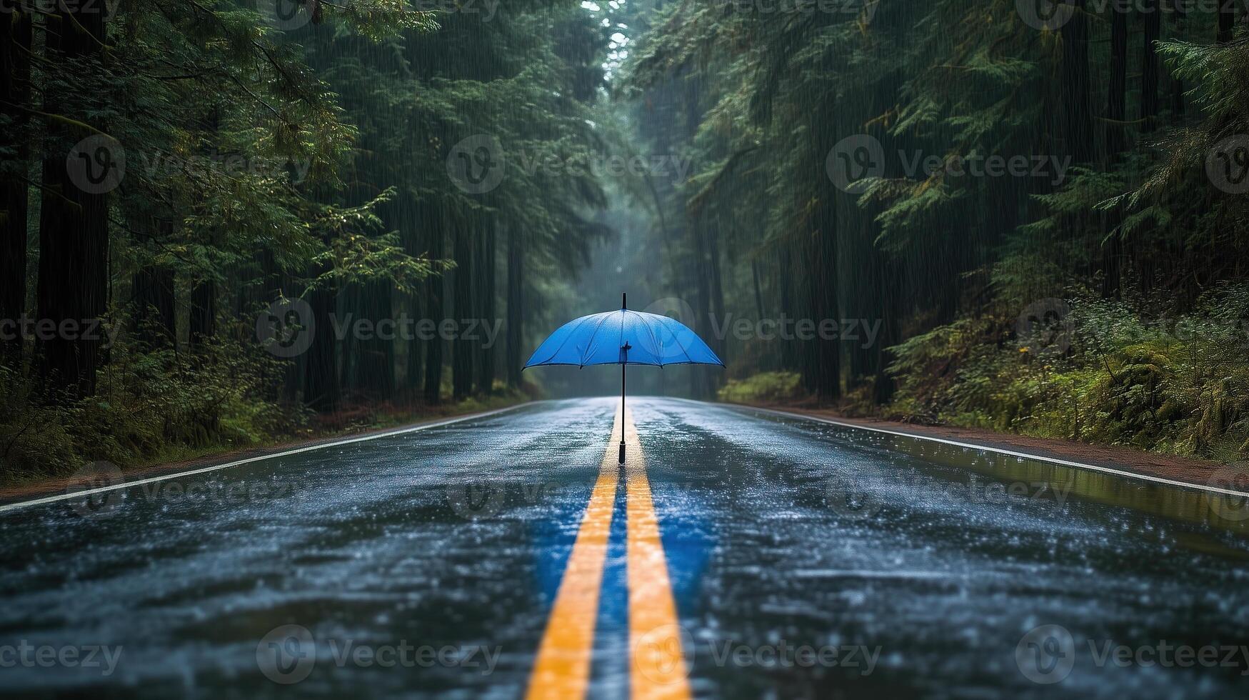 Blue umbrella in heavy rain on a wet road with a natural forest backdrop photo