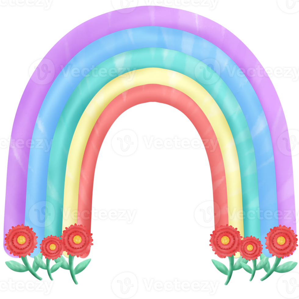 cute pastel rainbow in a vintage style with red flowers png