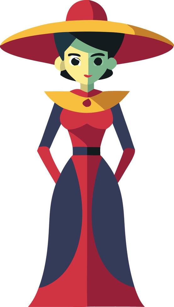Elegant Catrina in black and red dress with sombrero, illustration of Day of the Dead figure vector