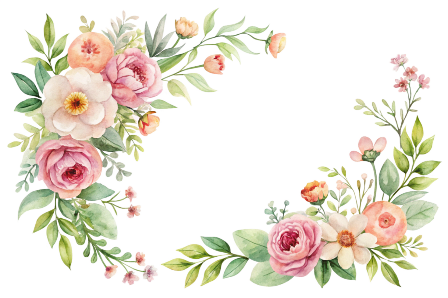 A floral wreath with pink flowers and green leaves png