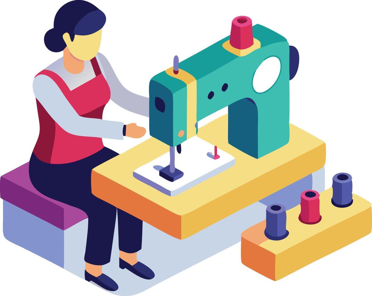 Seamstress working on sewing machine, isometric tailoring and fashion illustration vector