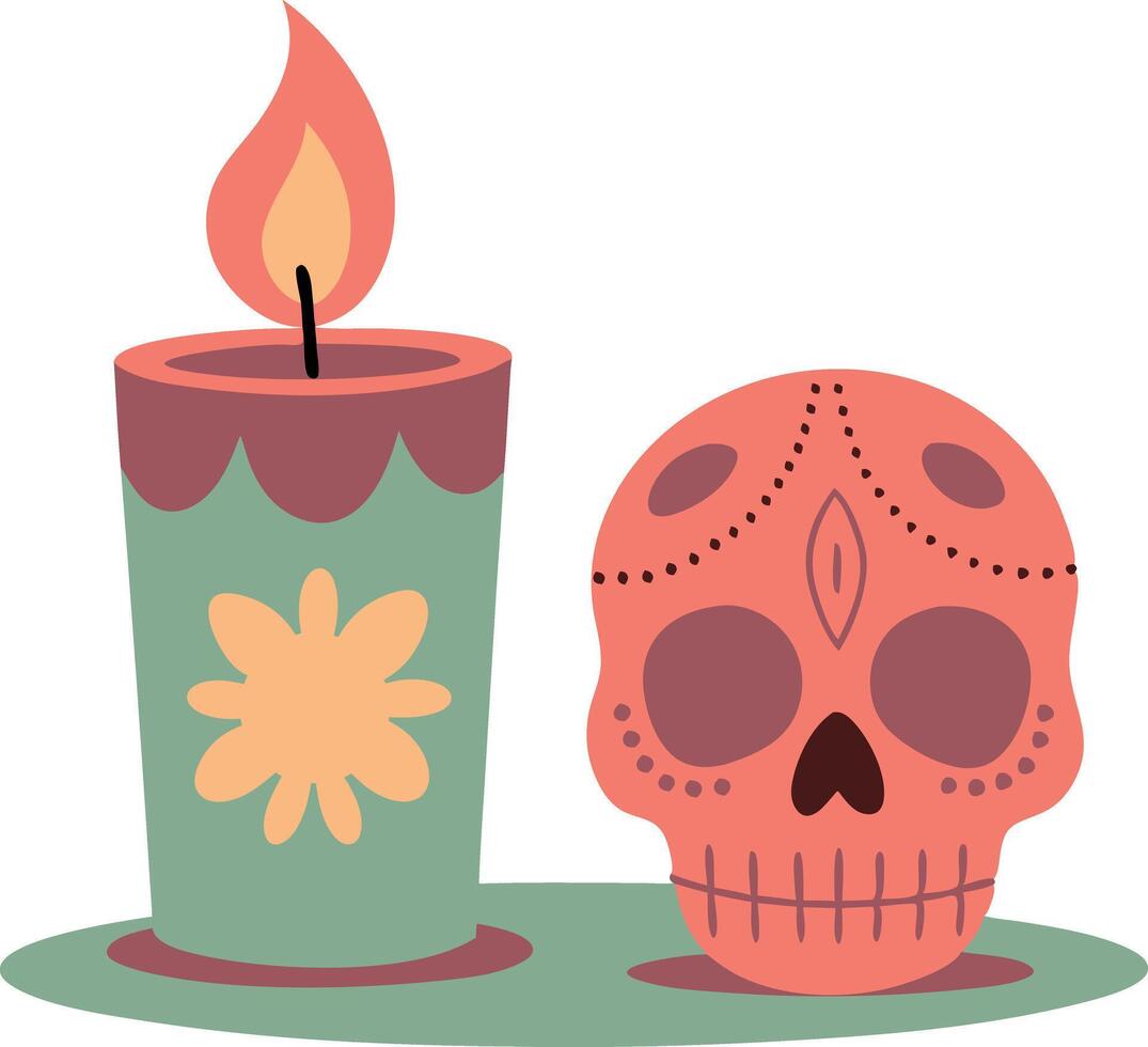 Lit candle with flower and skull next to decorative sugar skull in Day of the Dead theme vector