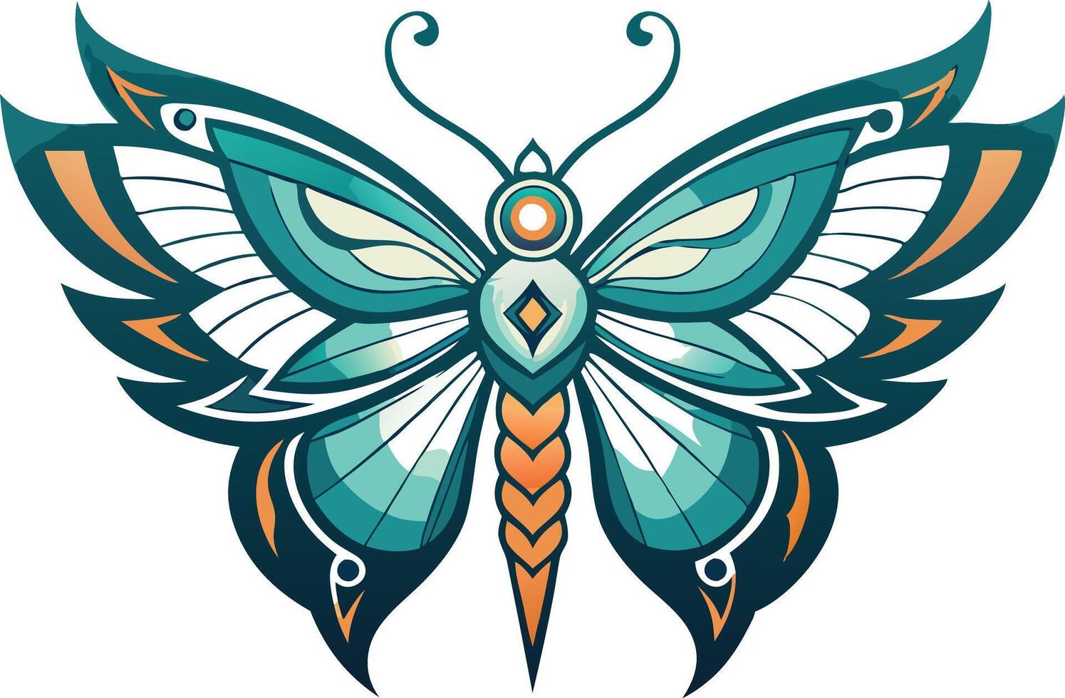 Colorful green and orange butterfly with detailed wings in decorative illustration style vector