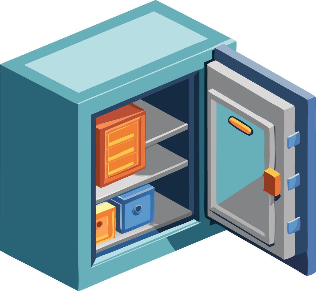 Isometric safe with open door showing valuables inside, security and storage illustration vector