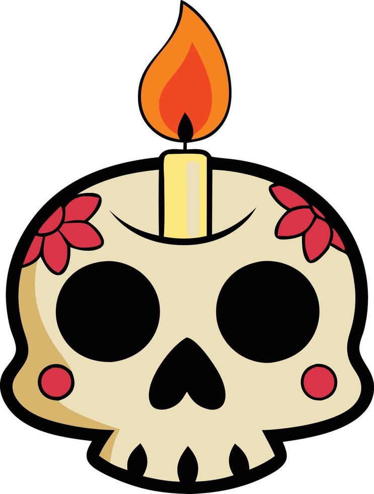 Simple Day of the Dead skull icon with candle flame on top in minimal style vector