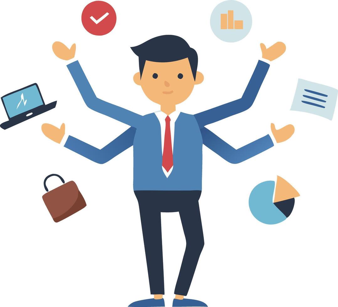 Businessman juggling various businessrelated objects symbolizing multitasking and productivity vector