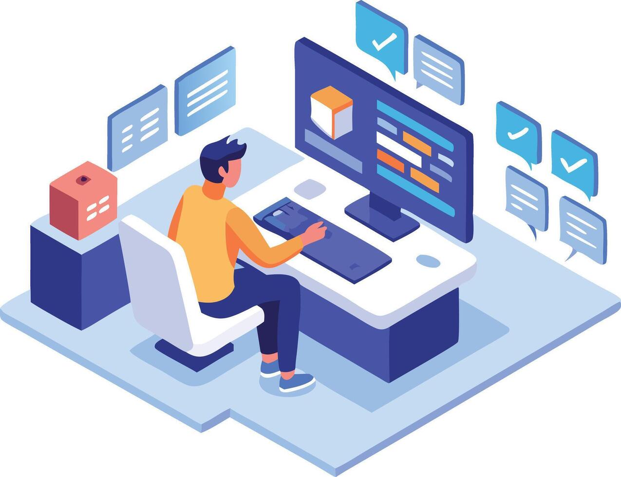 Man working in a control center with multiple monitors, isometric office illustration vector