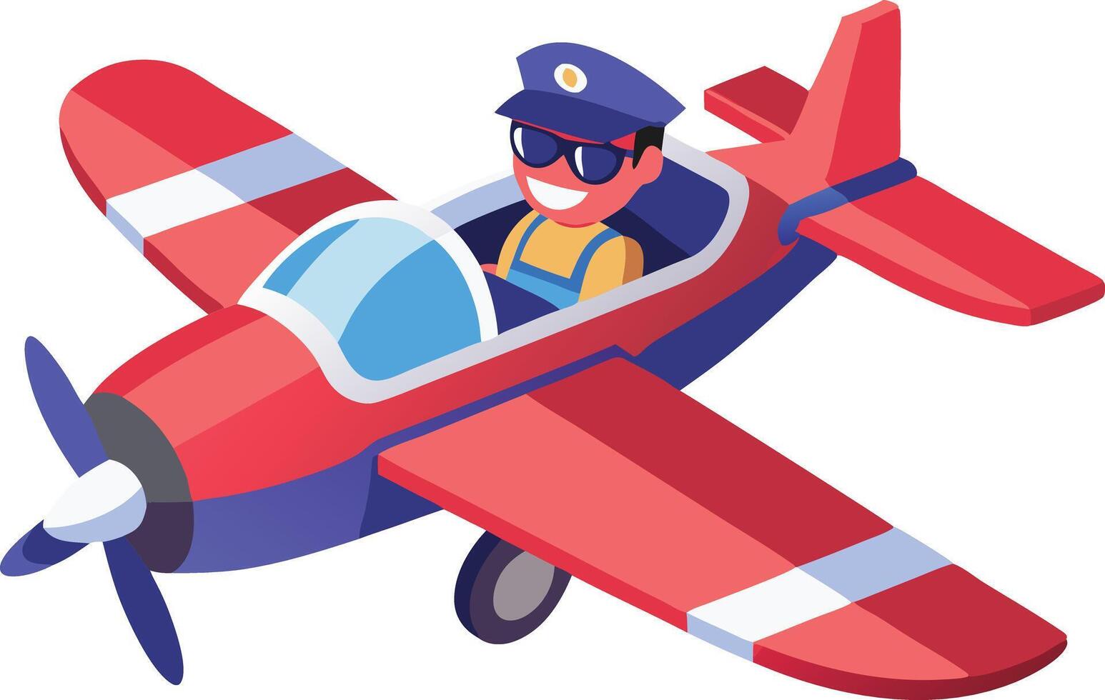 Pilot flying small red plane, isometric transportation and aviation illustration vector