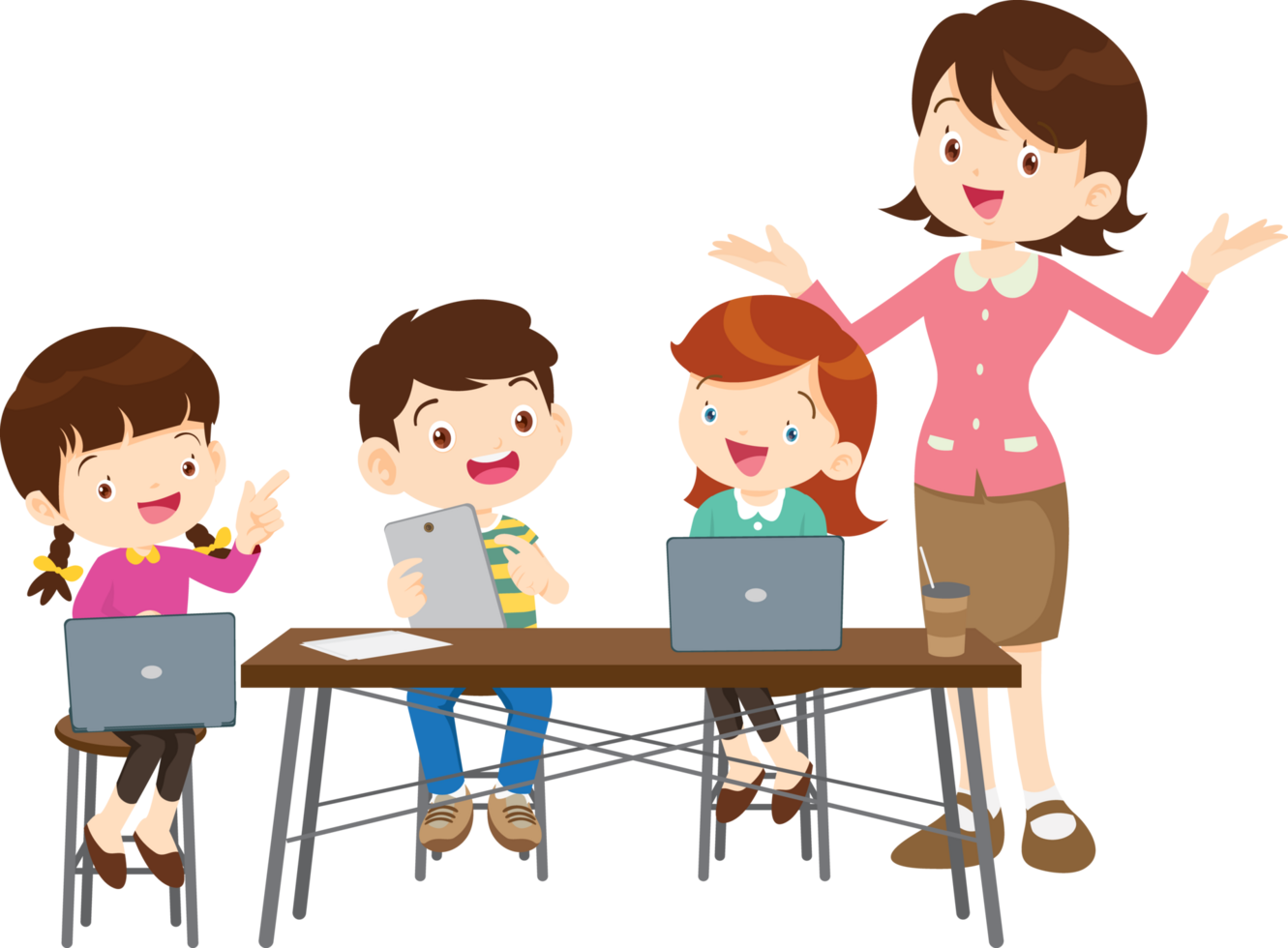happy teacher and student learning computer png