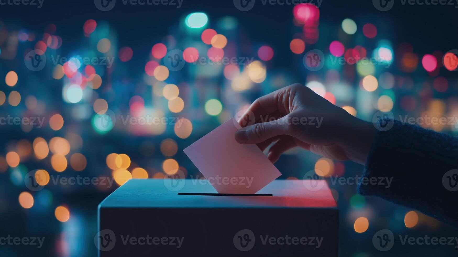 A hand casting a vote into a ballot box with a cityscape background photo