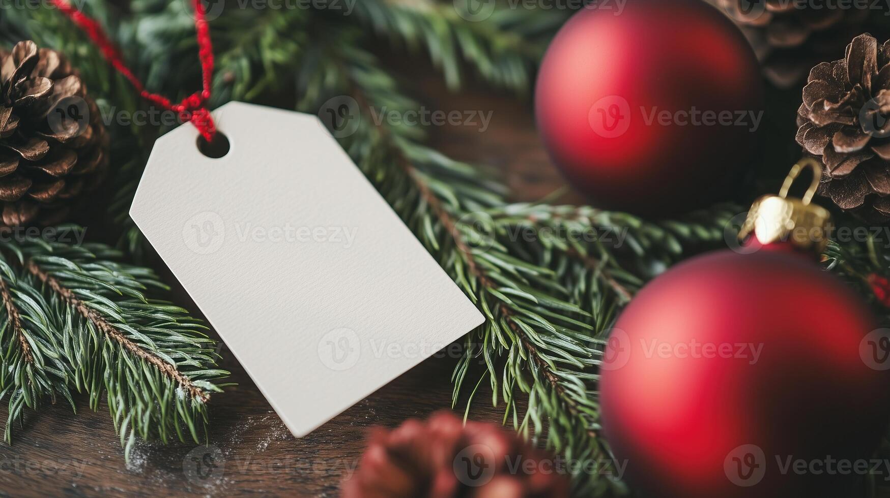A blank tag placed among pine cones, red ornaments photo
