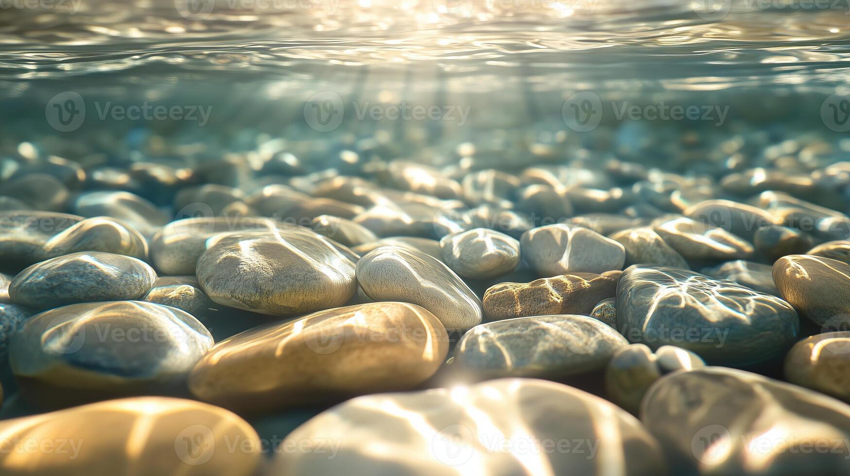 Smooth pebbles resting at the bottom of clear water, enhanced by reflections photo