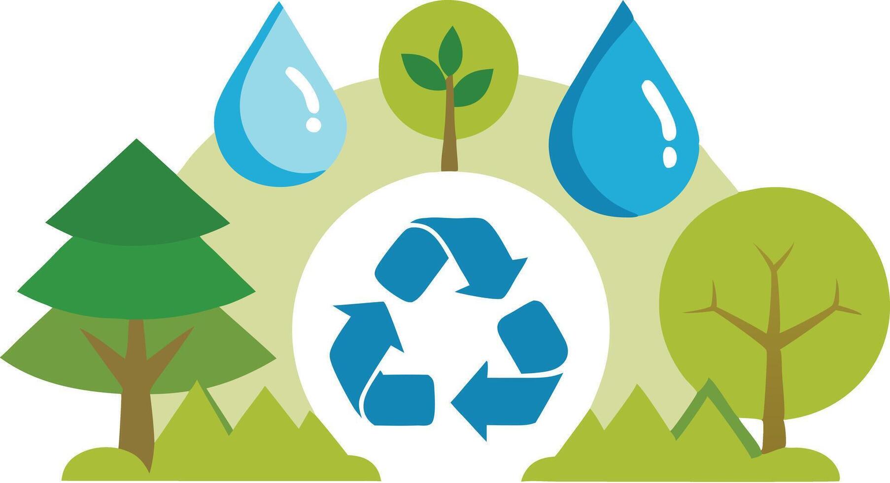 Illustration of trees, water droplets, and a recycling symbol representing ecofriendliness and sustainability vector