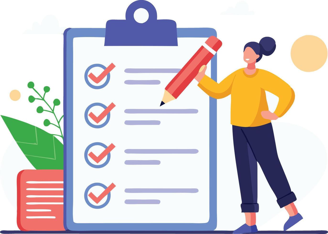 Woman checking off tasks on a large clipboard, symbolizing productivity, task management, and goal completion in a modern illustration. vector