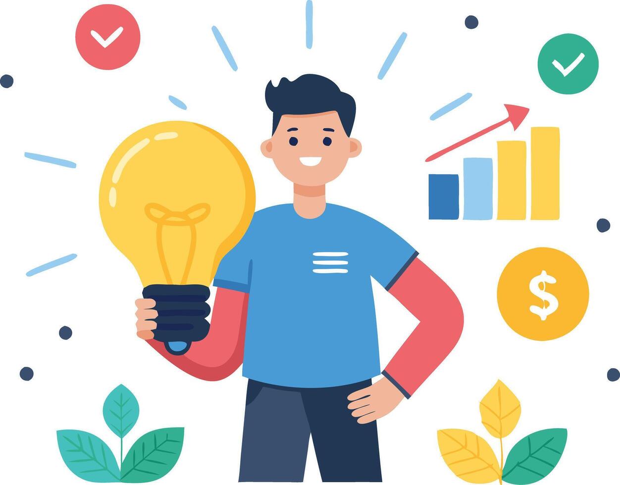 Businessman holding a light bulb and dollar icons, symbolizing innovative ideas, financial growth, and successful business strategies. vector