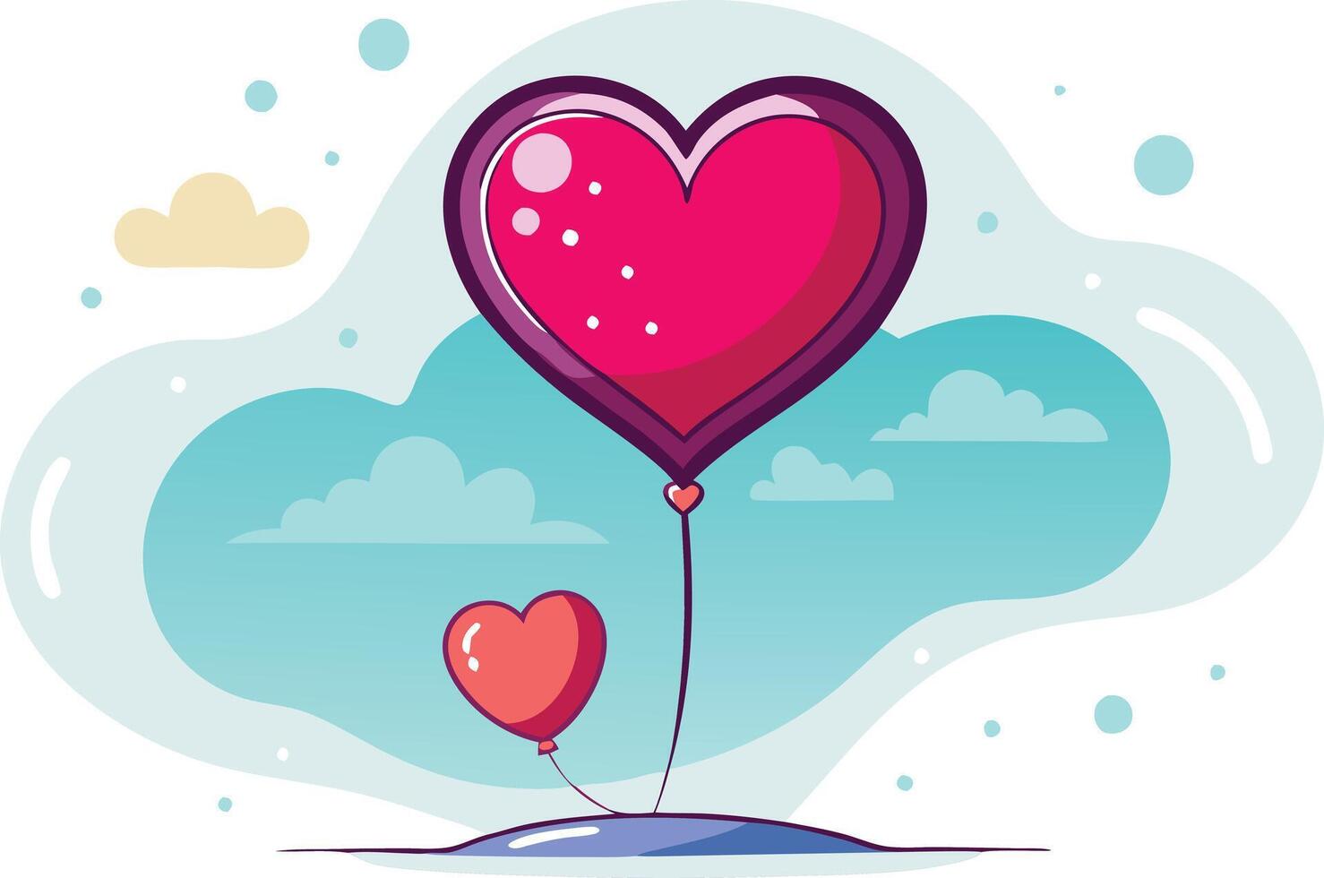 Heart balloon floating in the sky with clouds, flat illustration of love vector