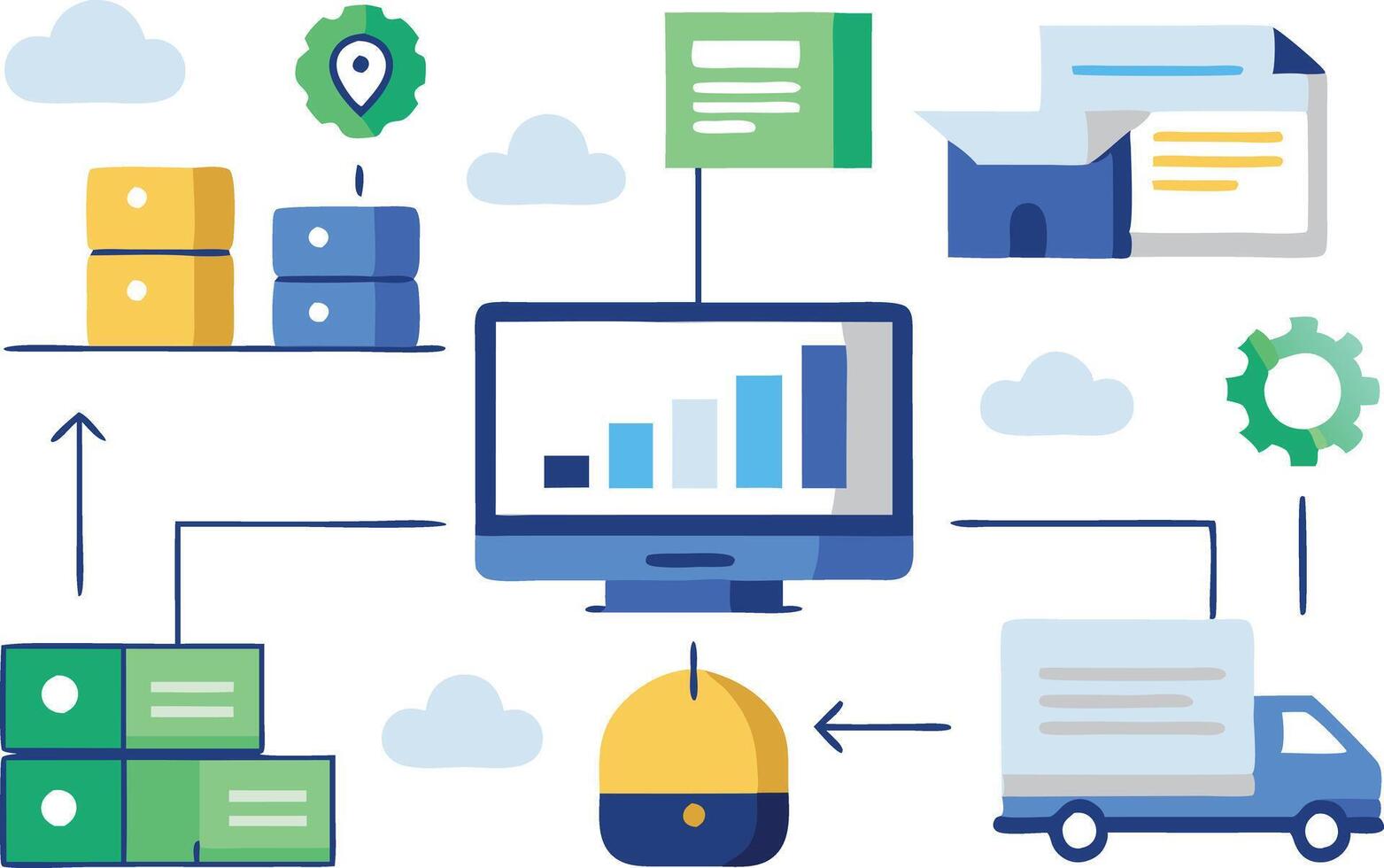 illustration of a logistics and delivery network, showing various transportation and data flows. vector