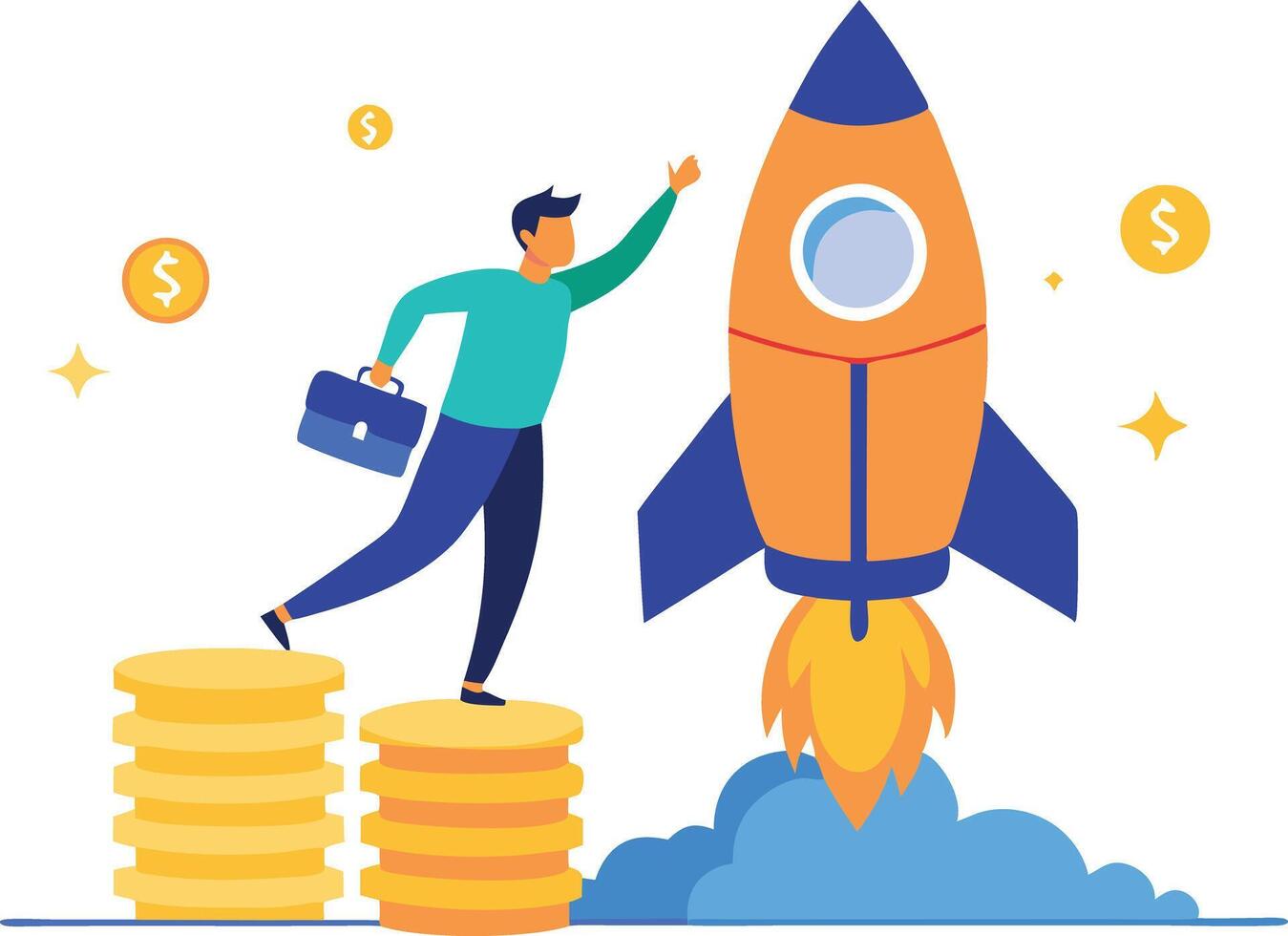 Illustration of a businessman launching a rocket with coins, symbolizing financial growth, investment, and successful startup. vector