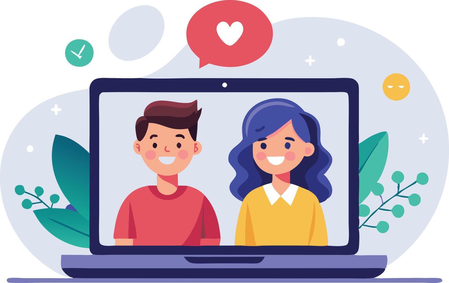 Flat illustration of couple in love having virtual date on laptop screen with heart symbols vector