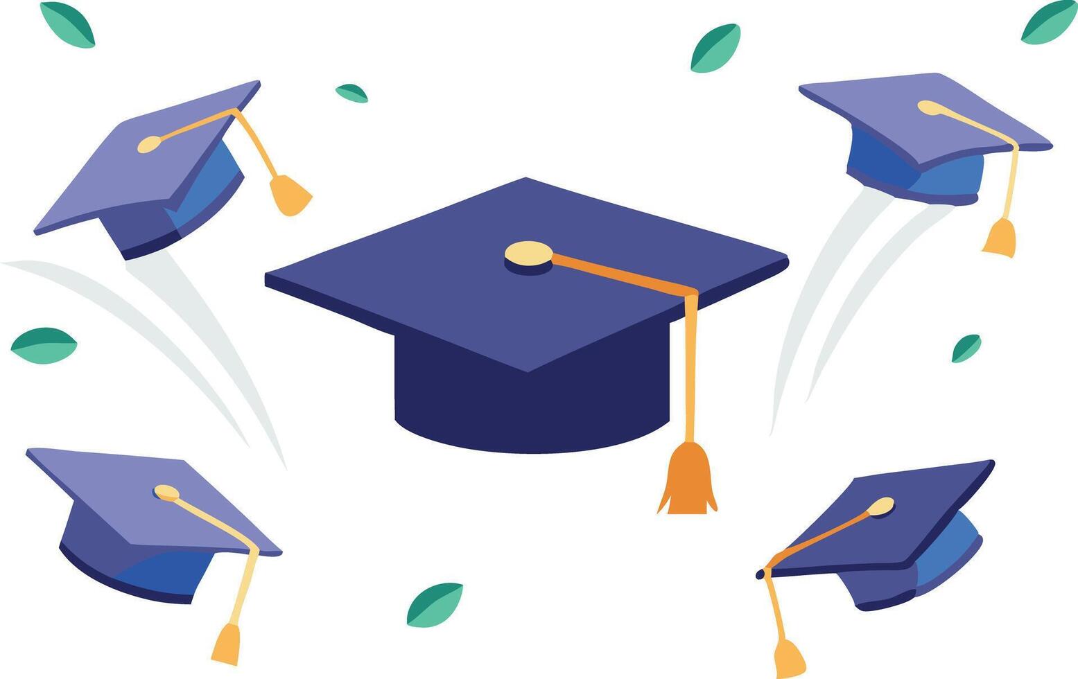 Illustration of multiple graduation caps flying in the air symbolizing graduation ceremony and celebration vector