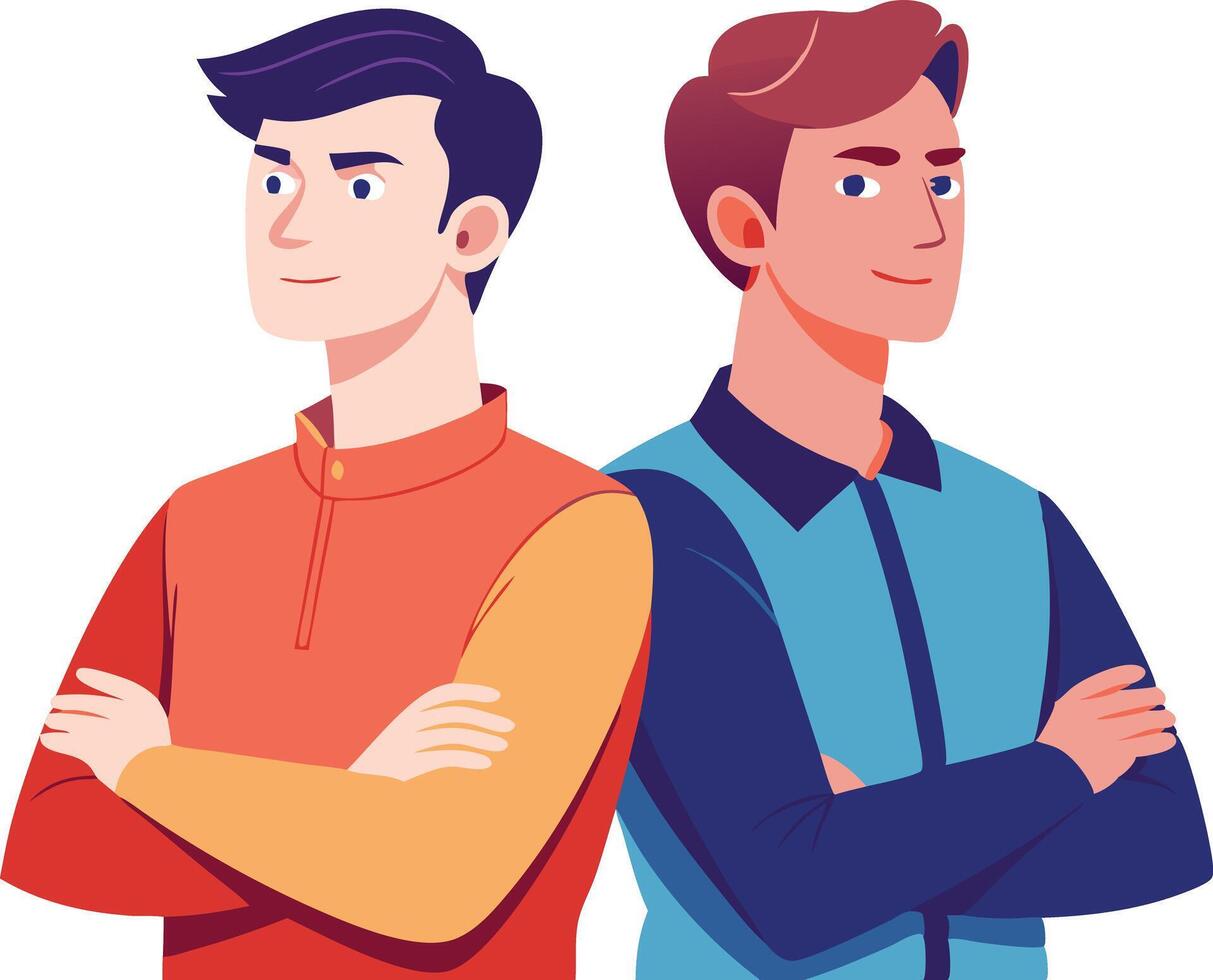 Illustration of two confident men standing backtoback with arms crossed, expressing strength and pride. vector