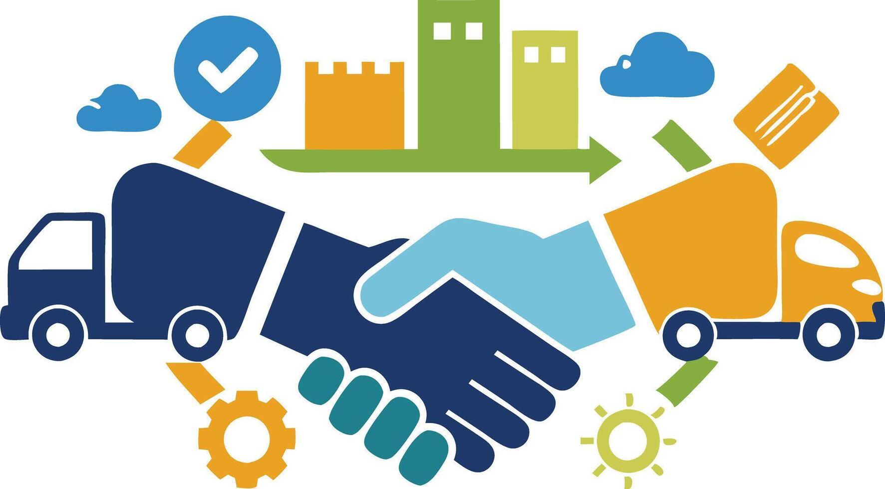 Illustration of delivery trucks, handshake, and industry icons symbolizing supply chain management and logistics vector