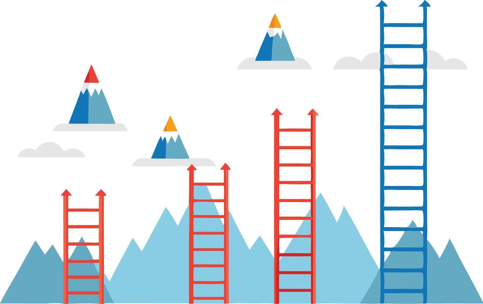 Illustration of ladders reaching towards mountain peaks symbolizing goals, ambition, and achievement vector