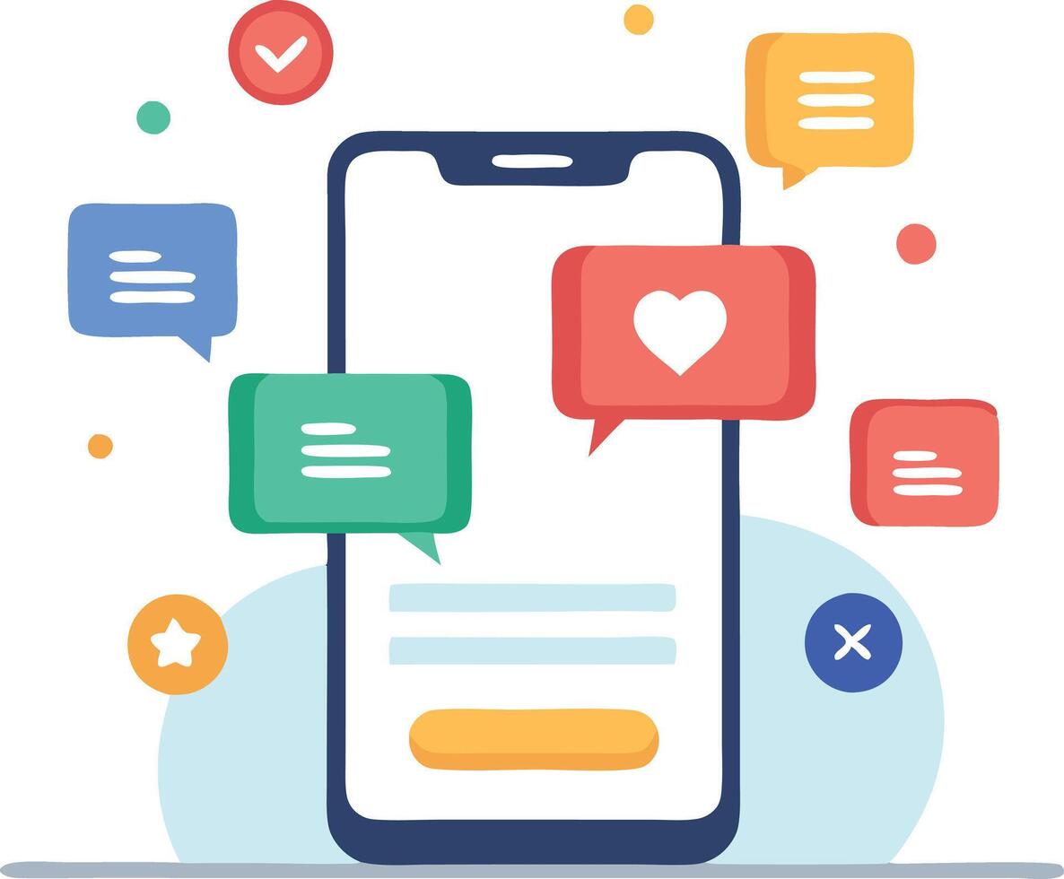 Smartphone surrounded by social media interaction icons, representing online communication and engagement vector