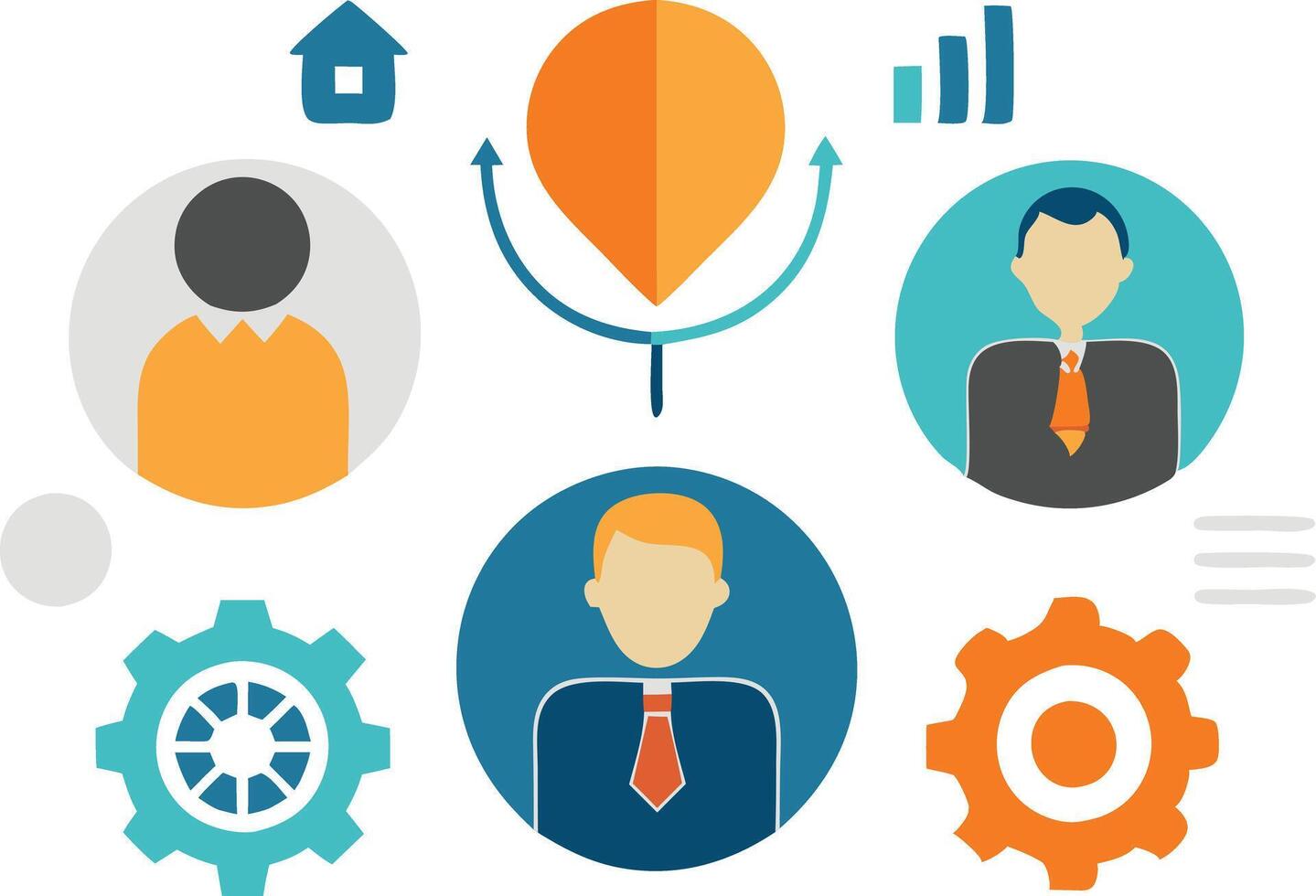 Business and organization illustration with icons of people, gears, and charts, representing management, leadership, and strategic teamwork. vector