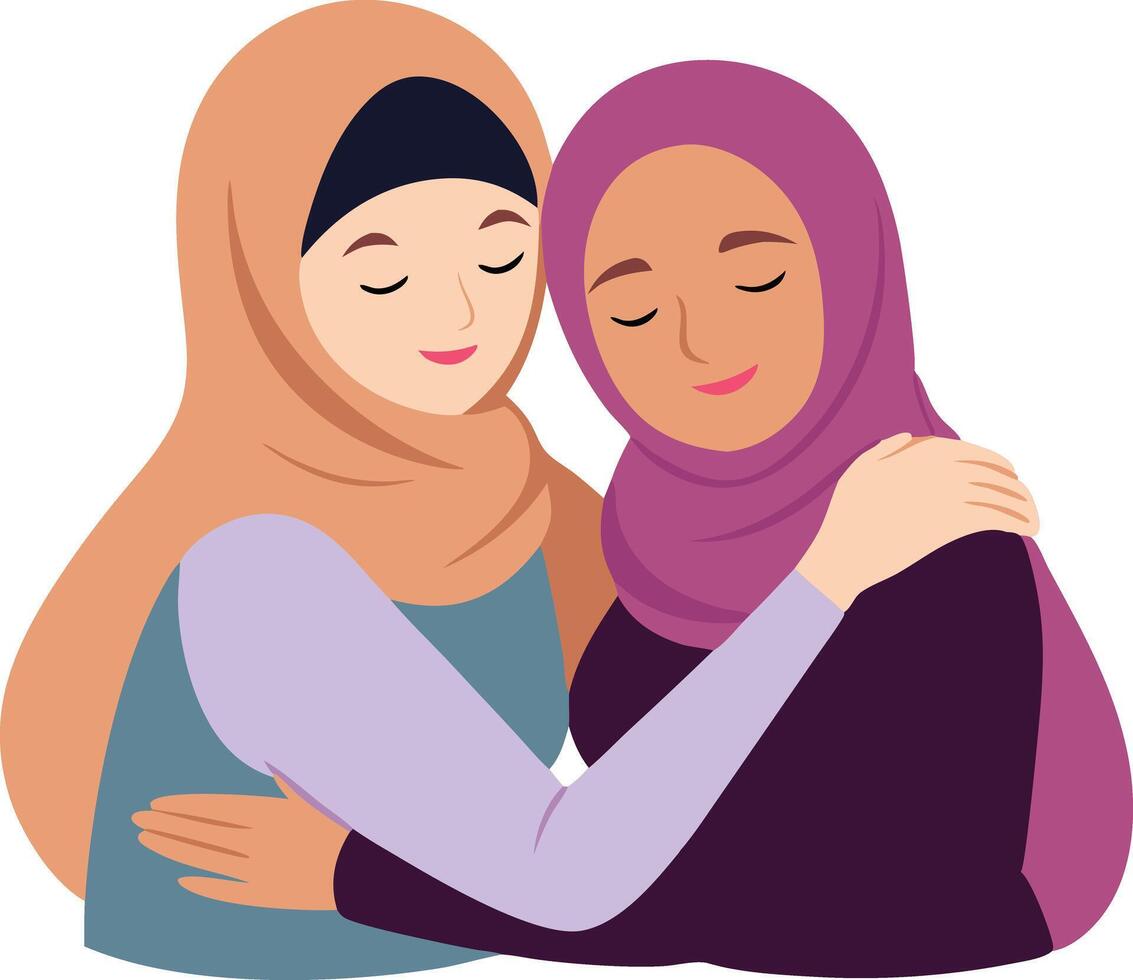 Close illustration of two Muslim women in hijabs hugging closely, reflecting love, comfort, and unity. vector