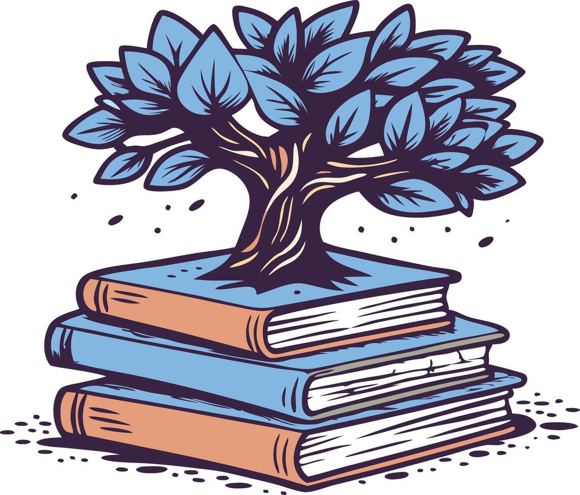 Stylized tree growing from a stack of books, symbolizing wisdom, learning, and the connection between knowledge and growth in a creative design. vector