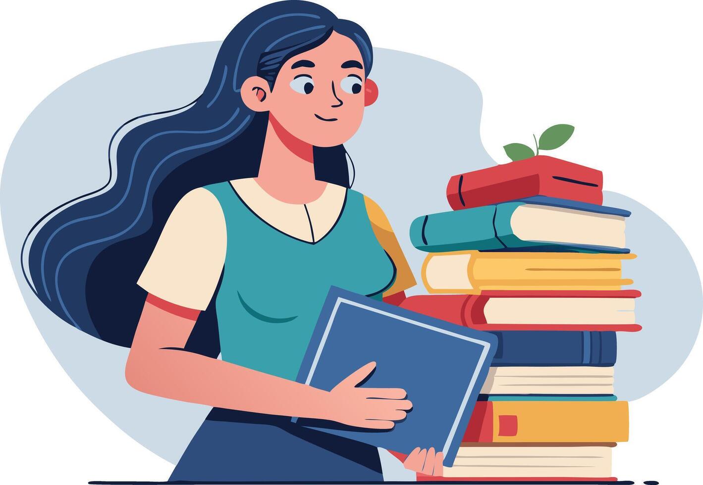 Female student carrying a stack of books while smiling, symbolizing education and learning achievements vector