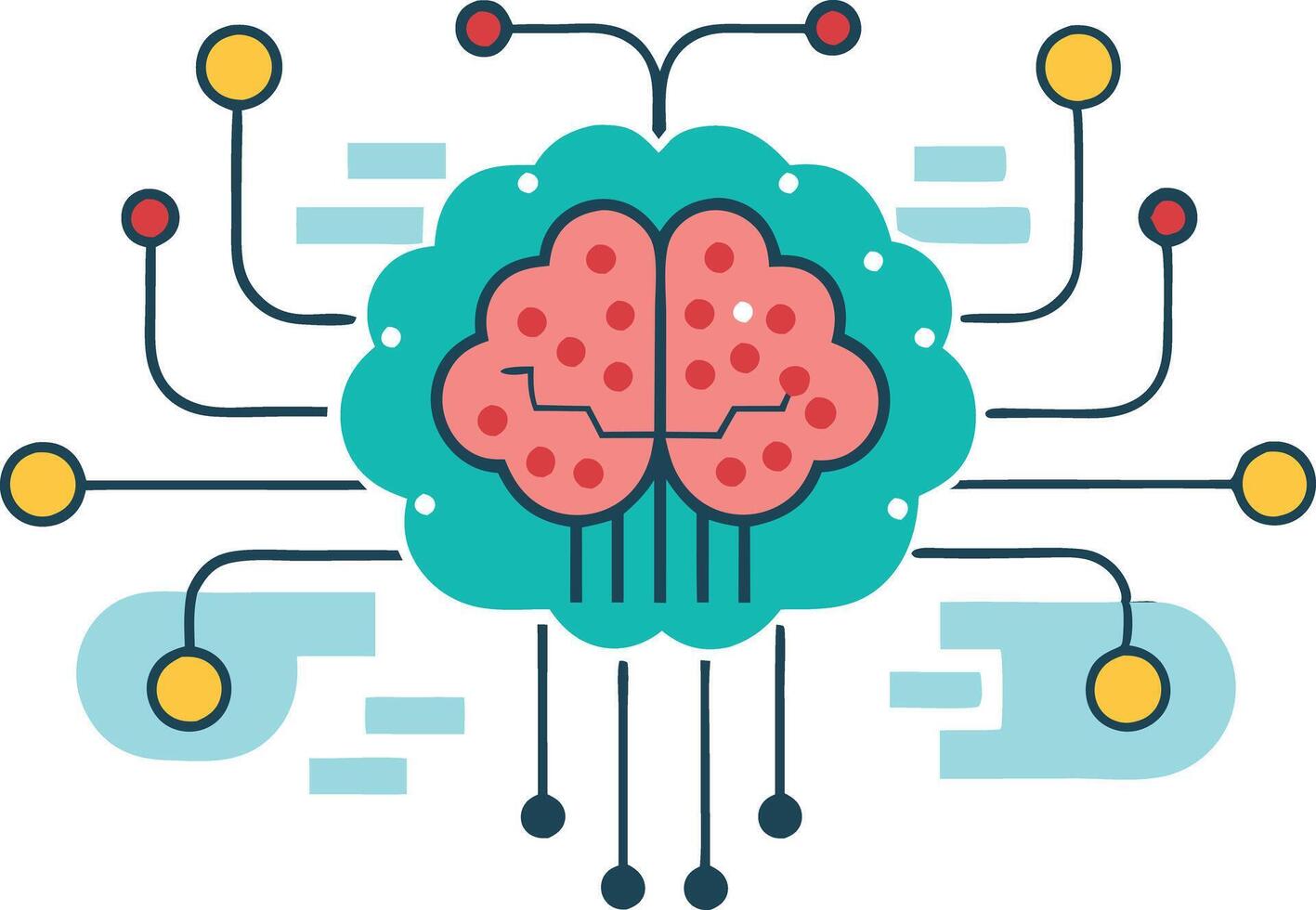 Stylized brain with circuitry and connected nodes, illustrating the concept of digital intelligence and innovation vector