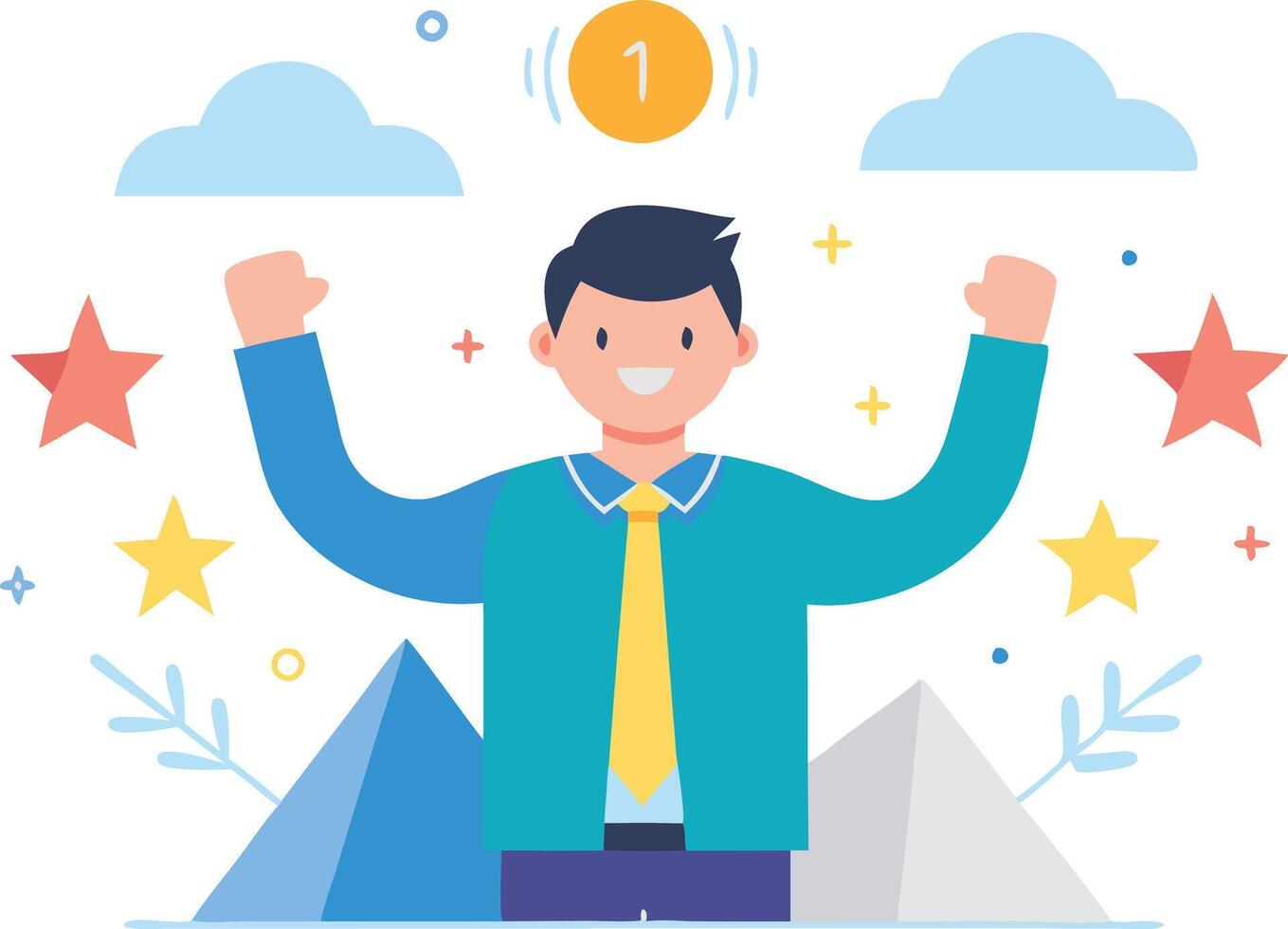 Illustration of a businessman standing on top of a mountain with stars symbolizing victory and success vector