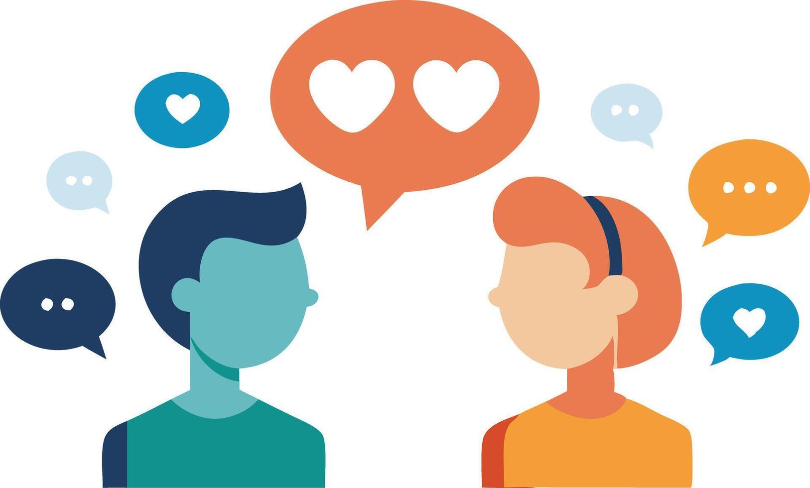 Illustration of two people chatting with heart and speech bubbles, symbolizing communication and affection. vector