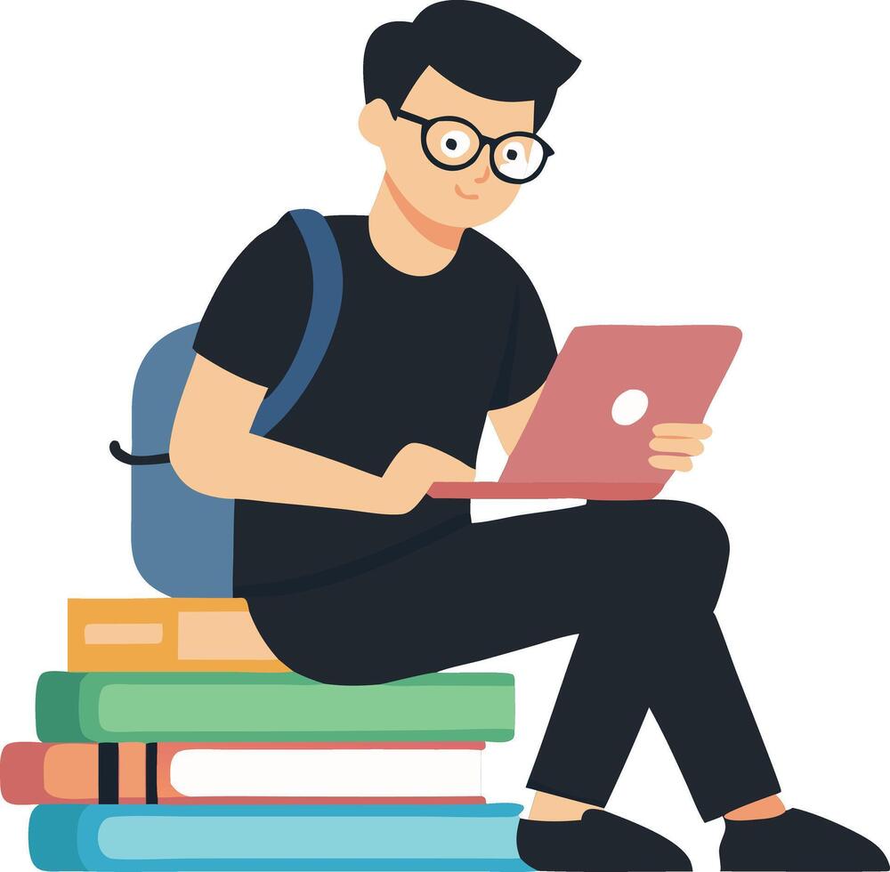 Man reading on laptop with backpack sitting on stack of books vector