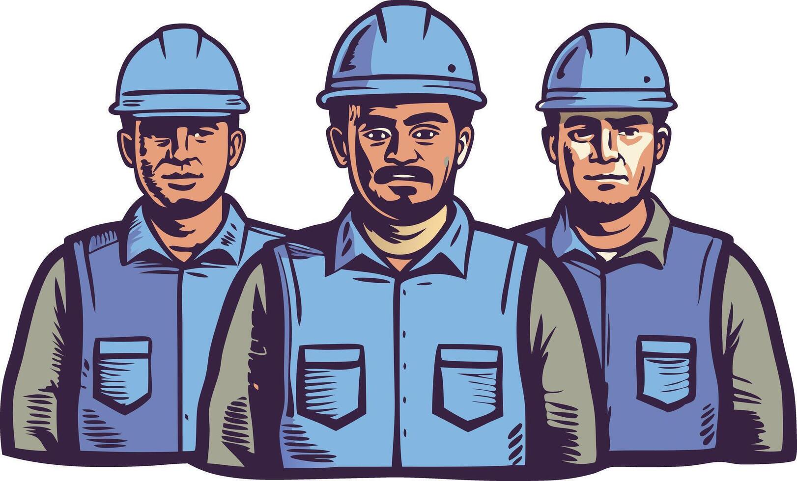 Illustration of three construction workers wearing protective helmets and uniforms symbolizing teamwork and labor force vector