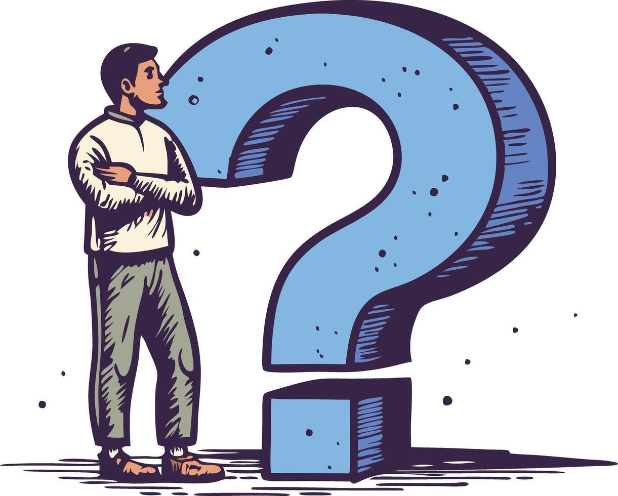 Man pondering while standing beside a large question mark, conveying thoughts and solutions vector