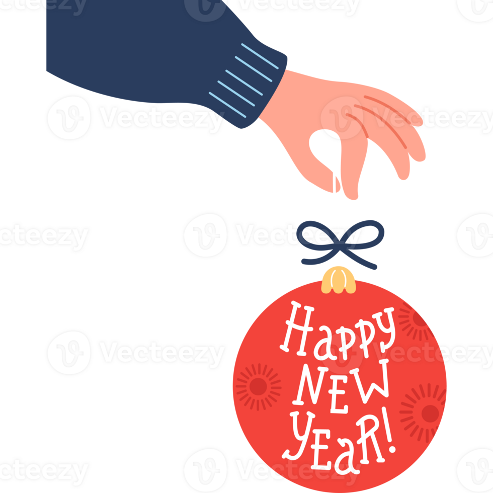 Hand holding red Christmas ball with lettering Happy New Year png